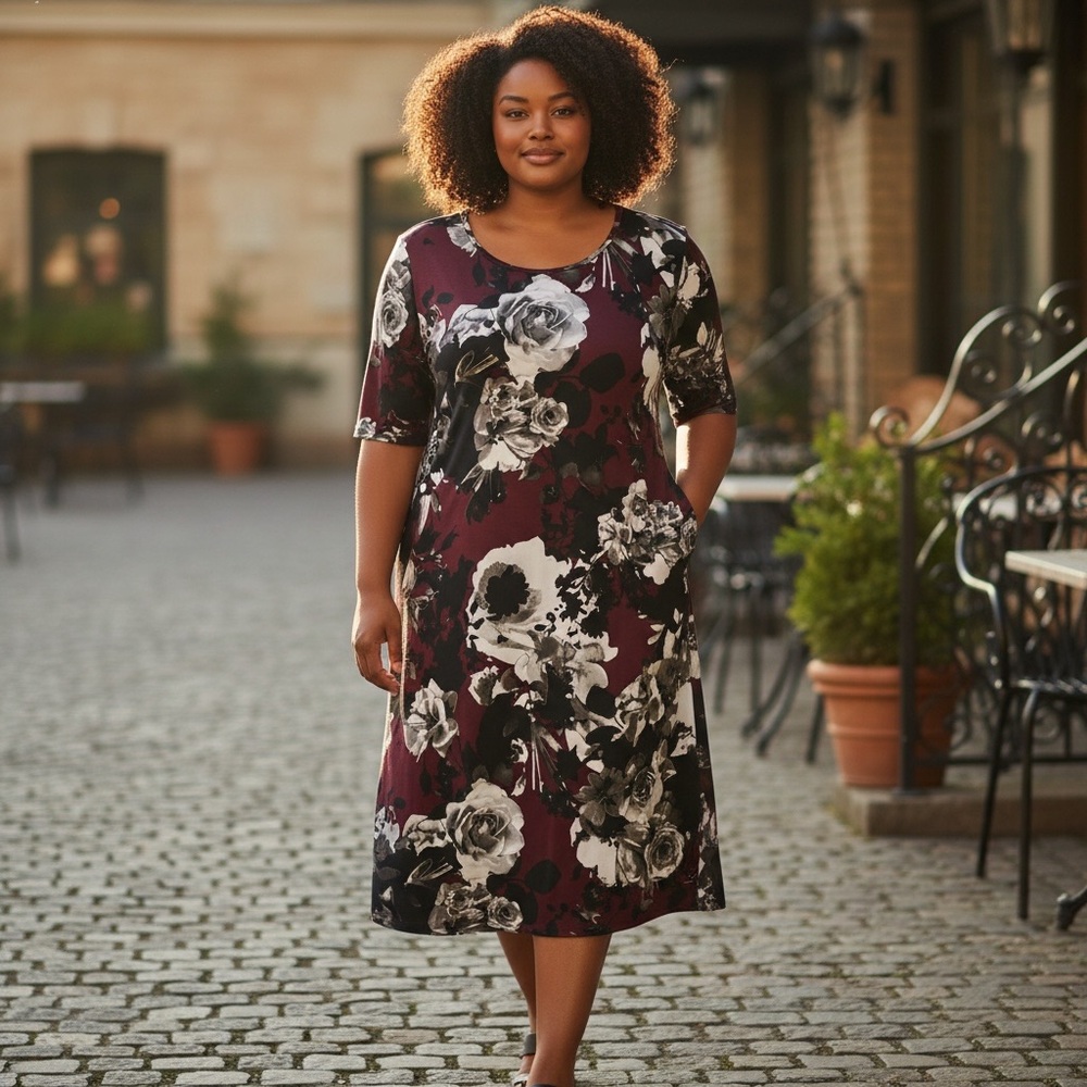 connected apparel Dress Black/Burgundy Floral Print Midi in Size 20W & 24W NWT